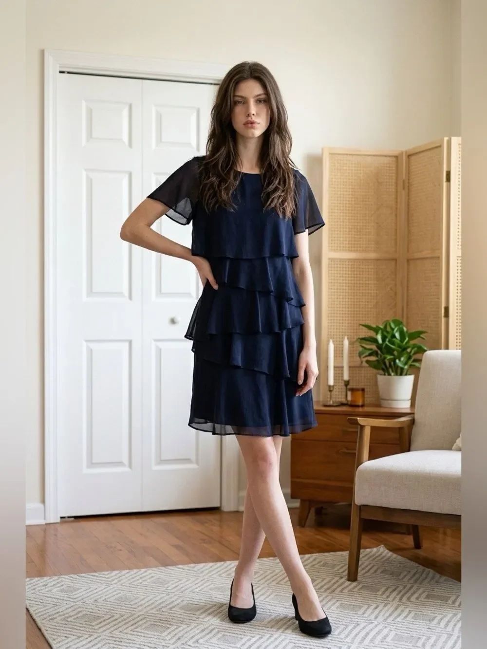 Navy Tiered Short Sleeve Chiffon Tiered Dress by Tahari